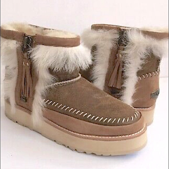 UGG Shoes - UGG Fluff Genuine Shearling Punk Chestnut Suede Sheepskin Ankle Boots US 7